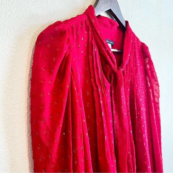 Tommy Hilfiger Red Clip Dot Pleated Tie Neck Blouse Large Holiday Work Top - Picture 5 of 12